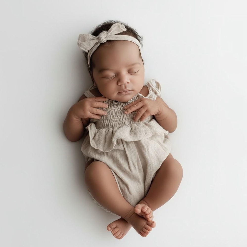 Infant Photography Props Outfit - อุปกรณ์ประกอบฉากถ่ายภาพทารกแรกเกิด ชุดรอมเปอร์ผ้าลินินสีเหลืองสำหรับเด็กผู้หญิง สายผูกแบบเปิดไหล่ แต่งระบาย ชุดนุ่มสำหรับถ่ายภาพเด็กอ่อน