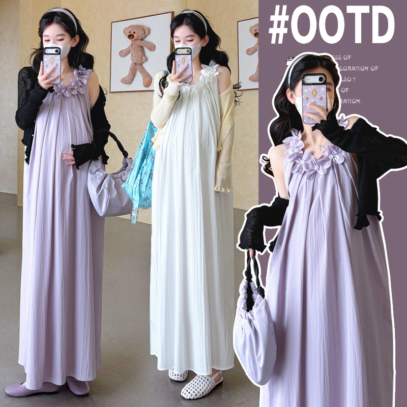 Maternity Wear - ชุดคลุมท้องฤดูร้อน 2026 ชุดเดรสแขนกุดประดับดอกไม้และเสื้อคลุมสำหรับหญิงตั้งครรภ์ ชุดไปเที่ยวทะเล