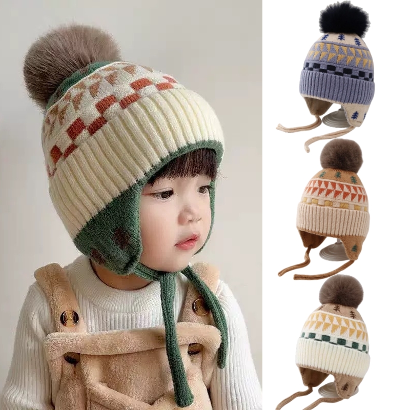 Infant Beanie Hat With Ears - หมวกบีนนี่ป้องกันหูสำหรับเด็กทารก พร้อมที่ปิดหู นุ่ม อุ่น ประดับพู่ หมวกไหมพรมถักสำหรับฤดูหนาว