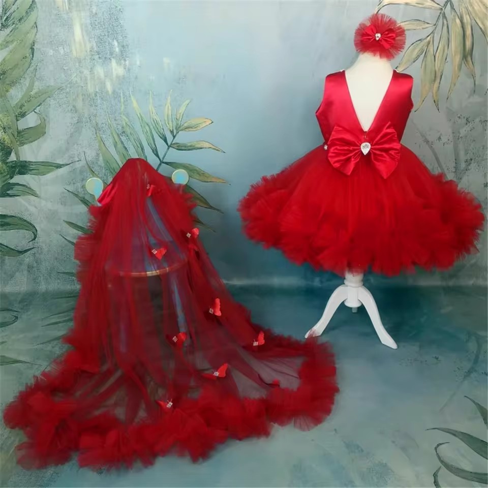Toddler Girl Tulle Party Dress - ชุดเดรสเด็กผู้หญิงสีแดงแบบกำหนดเองสำหรับงานแต่งงาน ผ้าทูลล์ลายผีเสื้อประดับโบว์ น่ารัก ฟูฟ่อง เหมาะสำหรับงานวันเกิดเด็ก งานประกวด