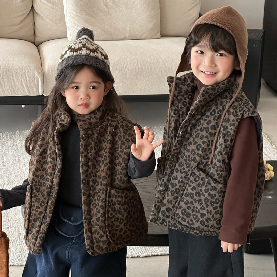 Toddler Boy Winter Fleece Jacket - เสื้อกั๊กเด็กพิมพ์ลายเสือดาว เสื้อแจ็คเก็ตแขนกุดสำหรับฤดูหนาว เด็กชาย เด็กหญิง แบบยูนิเซ็กซ์ เสื้อโค้ทบุขนแกะอุ่นๆ