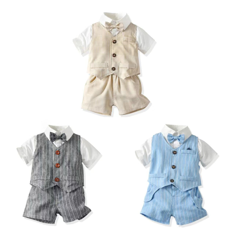 Baby Boy Suit Set Baptism - ทารกสุภาพบุรุษอังกฤษชุดเด็กทารกเสื้อผ้าชุด Bow Tie เสื้อกั๊กด้านบนกางเกงขาสั้น Baptism งานแต่งงานวันเกิดเด็กเครื่องแต่งกายชุด
