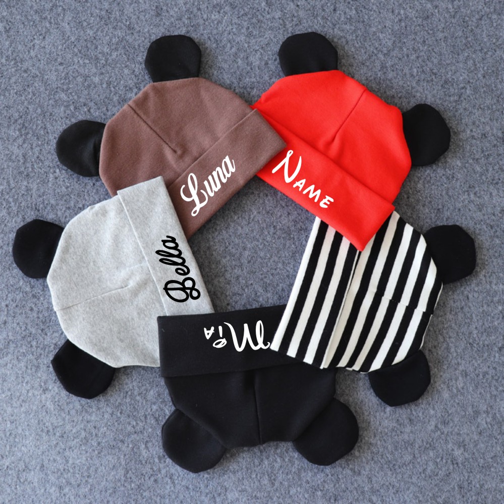 Infant Beanie Hat With Ears - ส่วนบุคคลเด็กน่ารักหมวกเด็กแรกเกิดทารกแรกเกิดหมีหูหมวกที่กำหนดเองชื่อหมวกสำหรับทารกเด็กวัยหัดเดินเด็กโรงพยาบาลหมวก