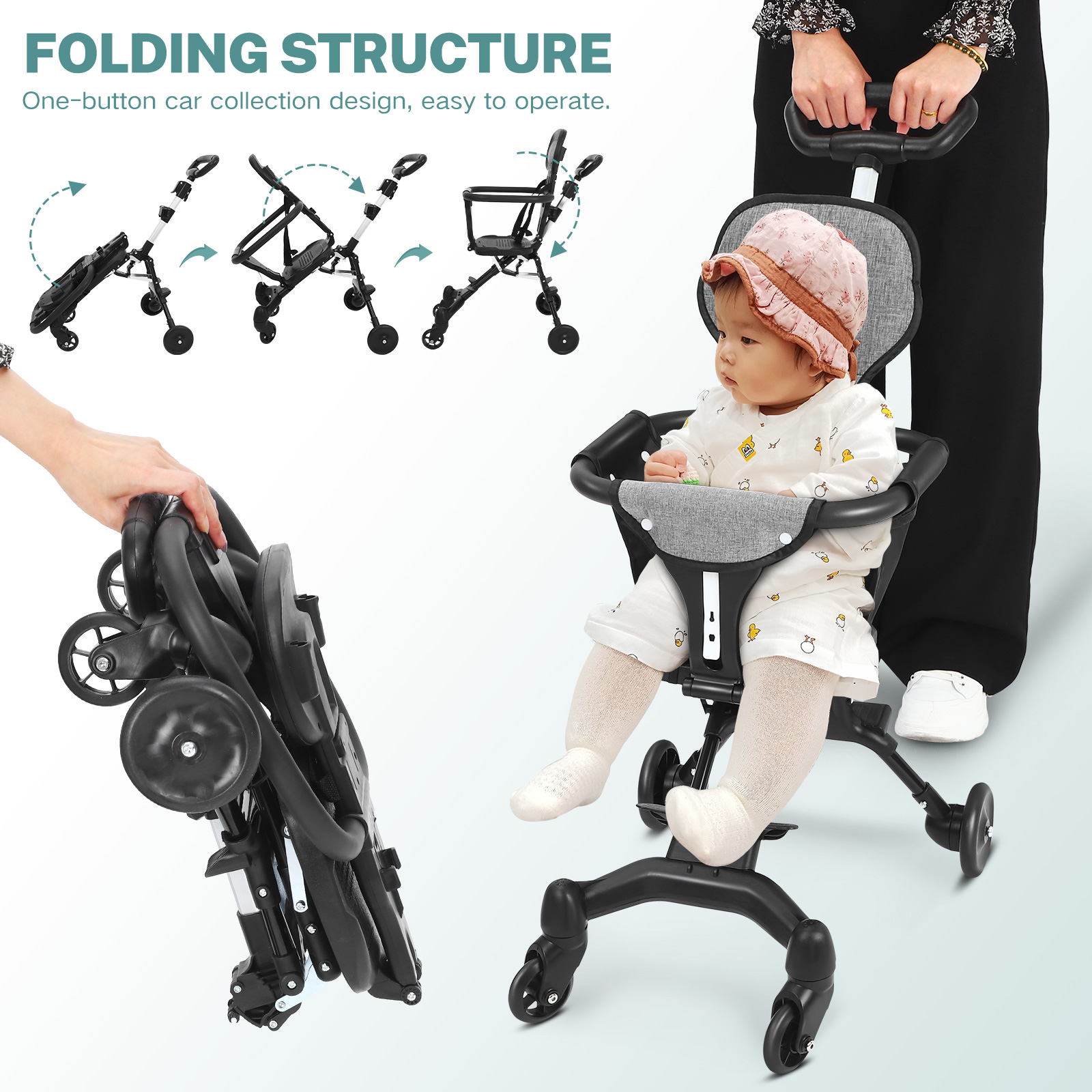 Lightweight Foldable Baby Stroller Compact - ที่นั่งเด็กอ่อนแบบพับได้ น้ำหนักเบา ขนาดกะทัดรัด สำหรับการเดินทางบนเครื่องบิน รถเข็นเด็กแบบพกพา พับเก็บง่าย