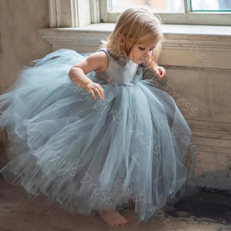 Toddler Girl Tulle Party Dress - ชุดเดรสเด็กผู้หญิงสีฟ้าสำหรับงานแต่งงาน สายเดี่ยวผ้าทูลฟูฟ่อง ชุดเจ้าหญิงยาวระดับชา ชุดเดรสงานวันเกิดสั่งตัดได้