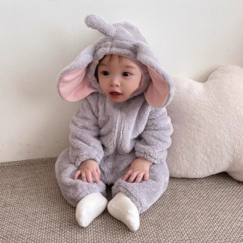 Cotton Baby Onesies Zipper - ชุดนอนช้างน่ารักสำหรับเด็กผู้หญิง ฤดูหนาว 2026 ชุดรอมเปอร์ผ้าพลัชสำหรับคลาน ชุดเอี๊ยมขนนุ่มสำหรับเด็กเล็กและเด็กวัยหัดเดิน