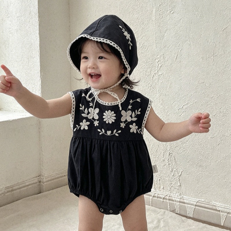 Baby Summer Linen Sleeveless Jumpsuit - ZOETOPKID ฤดูร้อนเด็กวัยหัดเดินเด็กทารกหญิงจั๊มสูท+หมวกแขนกุดผ้าฝ้ายพิมพ์เด็กทารกหญิงบอดี้สูท 0-24M เสื้อผ้าเด็กผู้หญิง