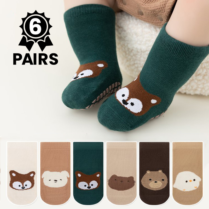 Unisex Baby Socks Non Slip - ถุงเท้ากันลื่นลายการ์ตูนสัตว์น่ารักสำหรับเด็ก 6 คู่ ถุงเท้ากันลื่นนุ่มสำหรับเด็กวัยหัดเดิน 0-5 ปี