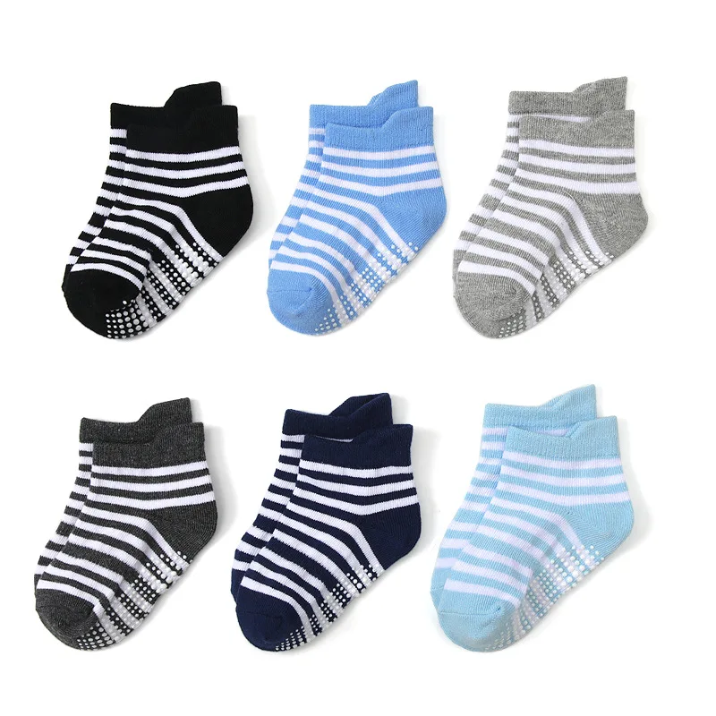 Unisex Baby Socks Non Slip - ถุงเท้าเด็ก 6 คู่ ลายทาง ผ้าฝ้ายระบายอากาศ พื้นยางกันลื่น