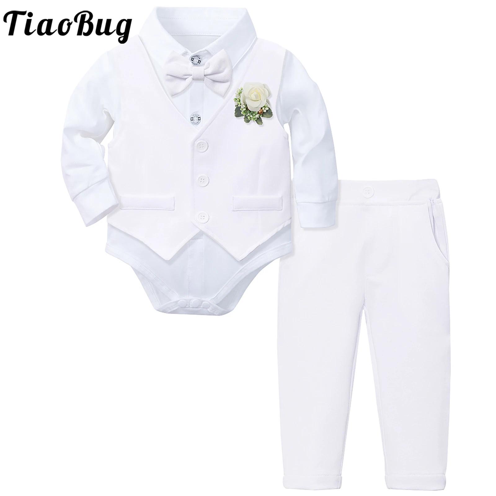 Baby Boy Suit Set Baptism - ทารกแรกเกิดเด็กทารกเสื้อผ้าบัพติศมาสุภาพบุรุษชุดแขนยาวโบว์ไทชุดรอมเปอร์พร้อมเสื้อกั๊กกางเกงสำหรับงานแต่งงานวันเกิด