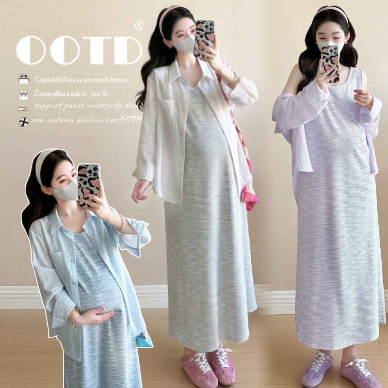 Maternity Wear - ชุดคลุมท้องฤดูร้อน 2026 เรียบง่าย หลากหลายสไตล์ ชุดเดรสลายทางแขนกุดและเสื้อแขนยาวสำหรับหญิงตั้งครรภ์ ใส่ได้ทุกวัน