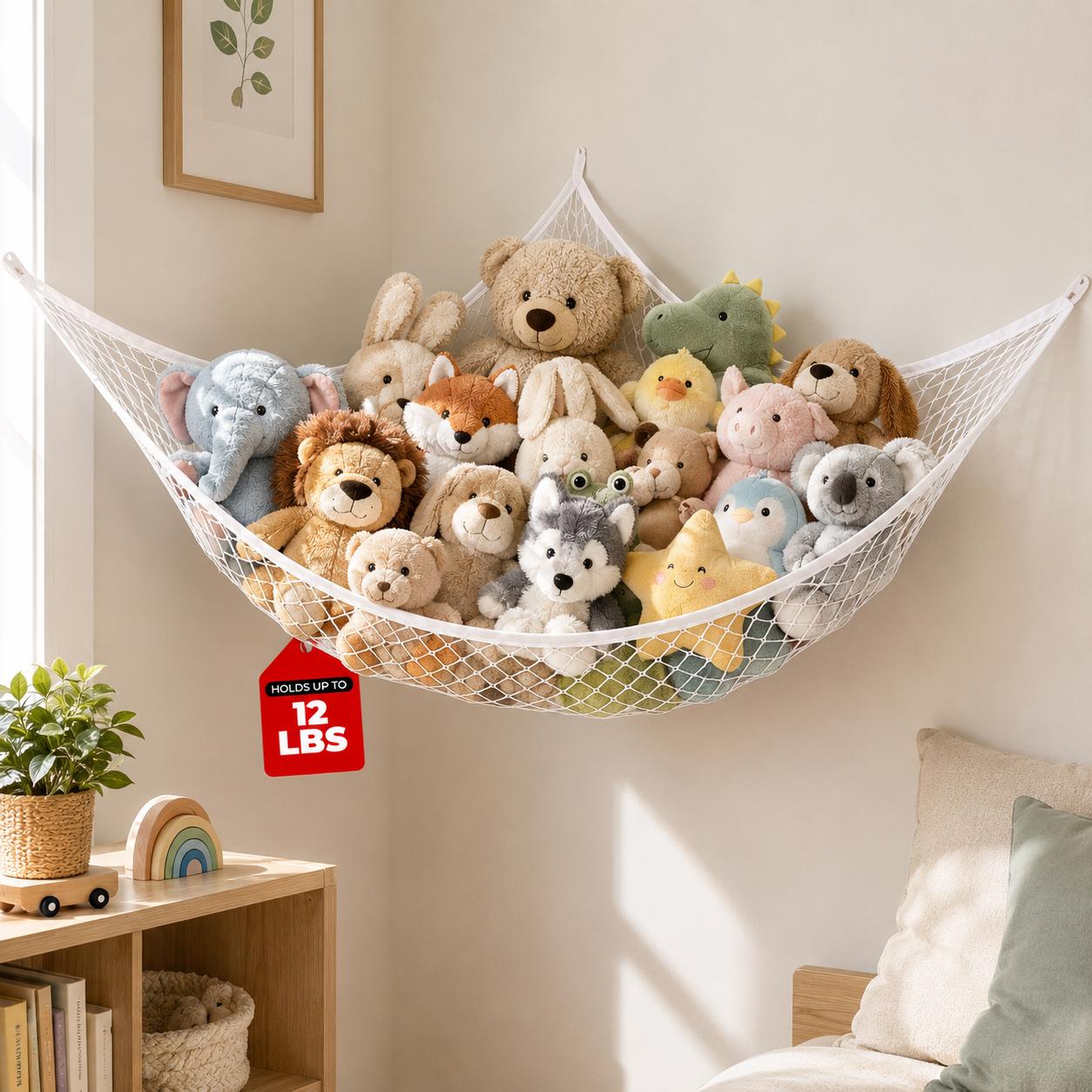 Nursery - ตาข่ายเก็บของเล่นแบบแขวน ที่จัดเก็บตุ๊กตาและของเล่นขนาดใหญ่ ประหยัดพื้นที่ ติดตั้งง่าย ตกแต่งห้องสำหรับห้องนอนเด็ก ห้องเล่น