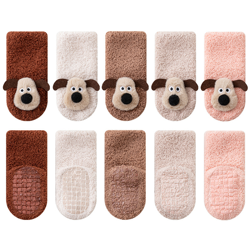Unisex Baby Socks Non Slip - ถุงเท้าเด็กกันลื่นลายสัตว์ ถุงเท้าเด็กหัดเดินแบบครึ่งขนกำมะหยี่ ลายสุนัข สำหรับฤดูใบไม้ร่วงและฤดูหนาว