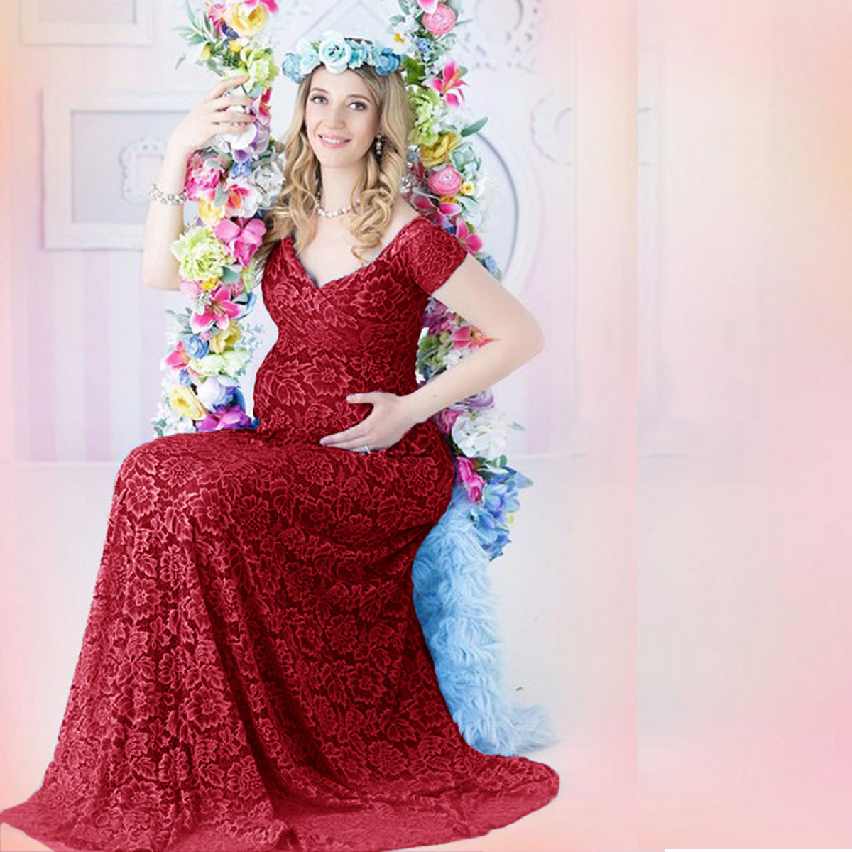 Maternity Wear - ชุดเดรสคลุมท้องสไตล์ยุโรปอเมริกัน แต่งลูกไม้ แขนสั้น ทรงยาว สำหรับถ่ายภาพ ชุดเดรสแขนระบาย