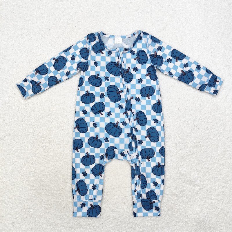 Cotton Baby Onesies Zipper - ชุดรอมเปอร์เด็กผู้ชายแขนยาวลายใบฟักทองสีฟ้าลายสก็อต ซิปหน้า ผ้าไผ่ 8.21 สำหรับฤดูหนาว ขายส่งจากร้านบูติก