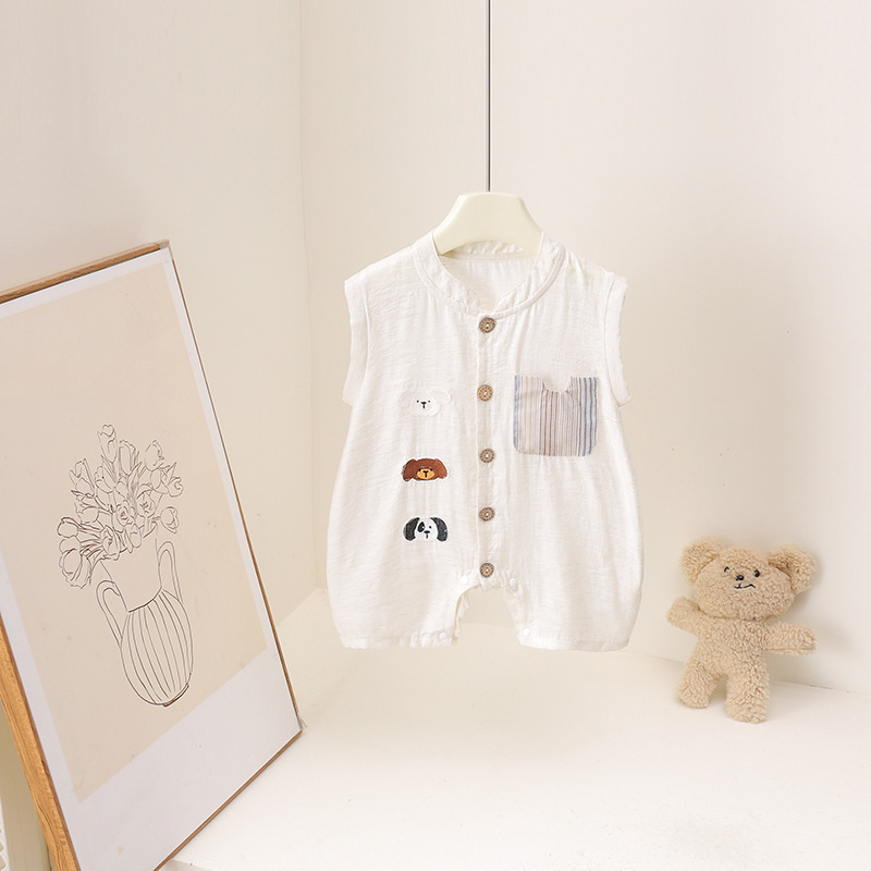 Baby Summer Linen Sleeveless Jumpsuit - ชุดรอมเปอร์ฤดูร้อนสำหรับเด็กทารกชาย ลายการ์ตูนสัตว์ ปักลาย แขนกุด ระบายอากาศได้ดี ไหล่กว้าง