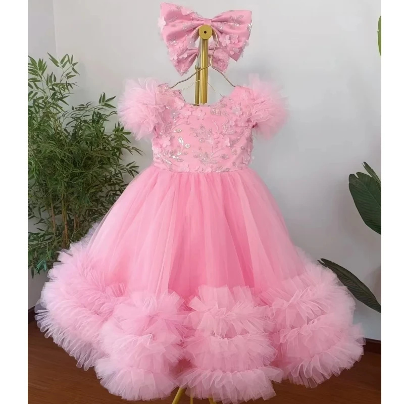 ที่กำหนดเองชุดดอกไม้สีชมพูสำหร - Toddler Girl Tulle Party Dress บทวิจารณ์และราคา